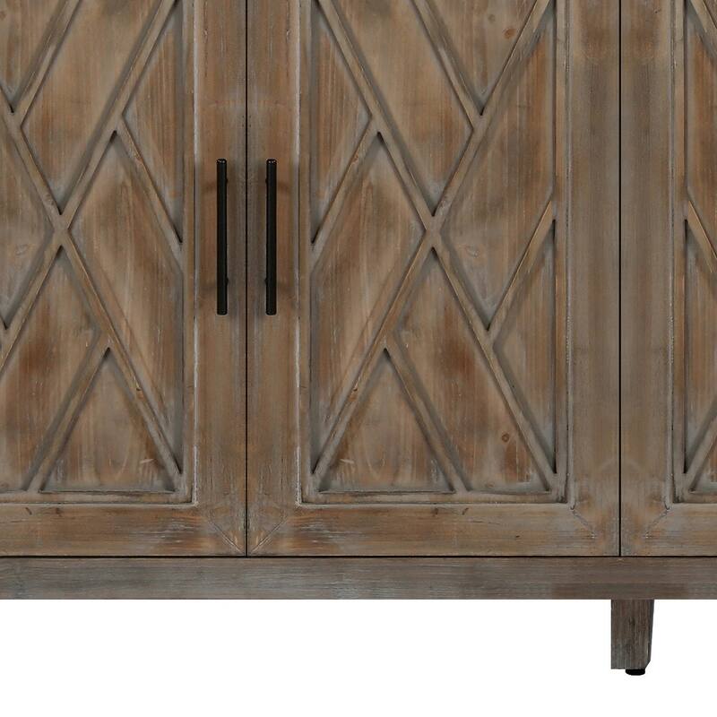 HomeRoots 60" Natural and Brown Distressed Carved Geometric Sideboard with Four Doors - 59.8' X '33.9' X '15.7