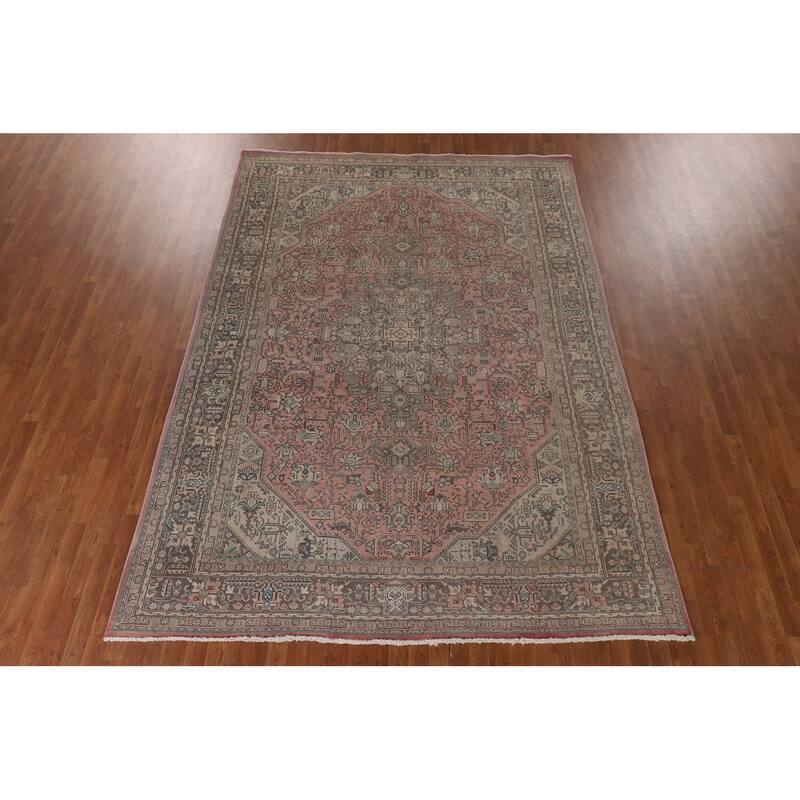 Geometric Pink Tabriz Persian Vintage Rug Hand-Knotted Wool Carpet - 7'11" x 11'2"