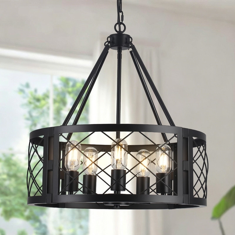 19" Modern Farmhouse Chandelier, 5-Light Rustic Industrial Metal Cage Hanging Light Fixture for Dining Room, Foyer