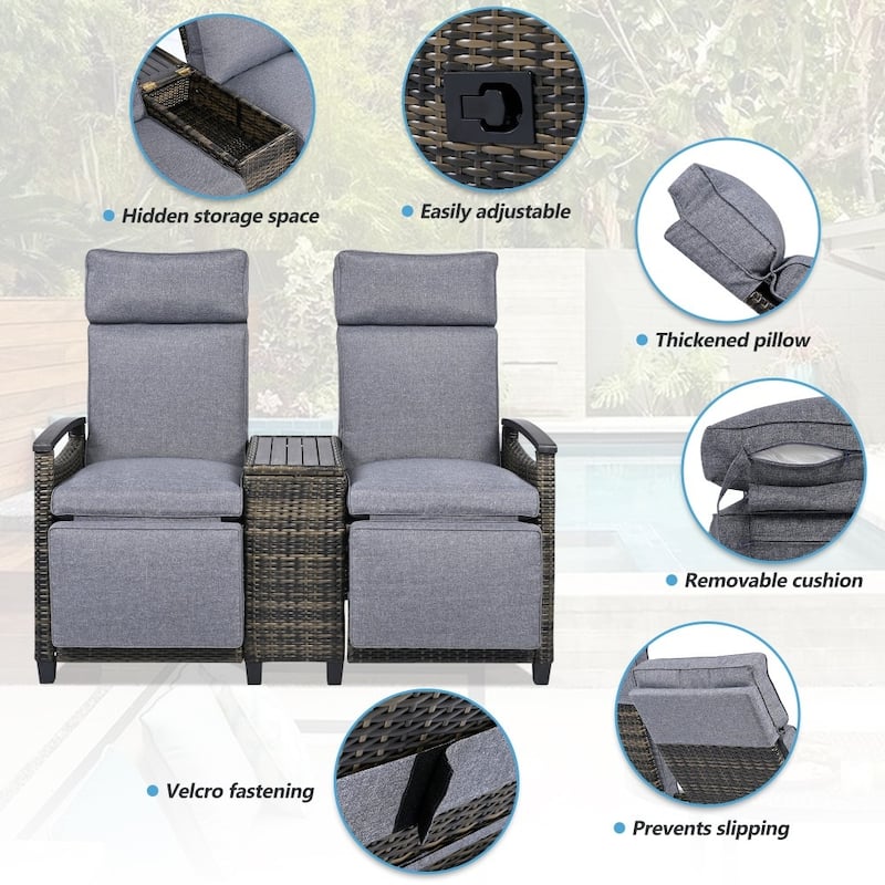 Patio Lounge Chair Set with Acacia Wood Armrests and Built-in Storage Table for Balcony