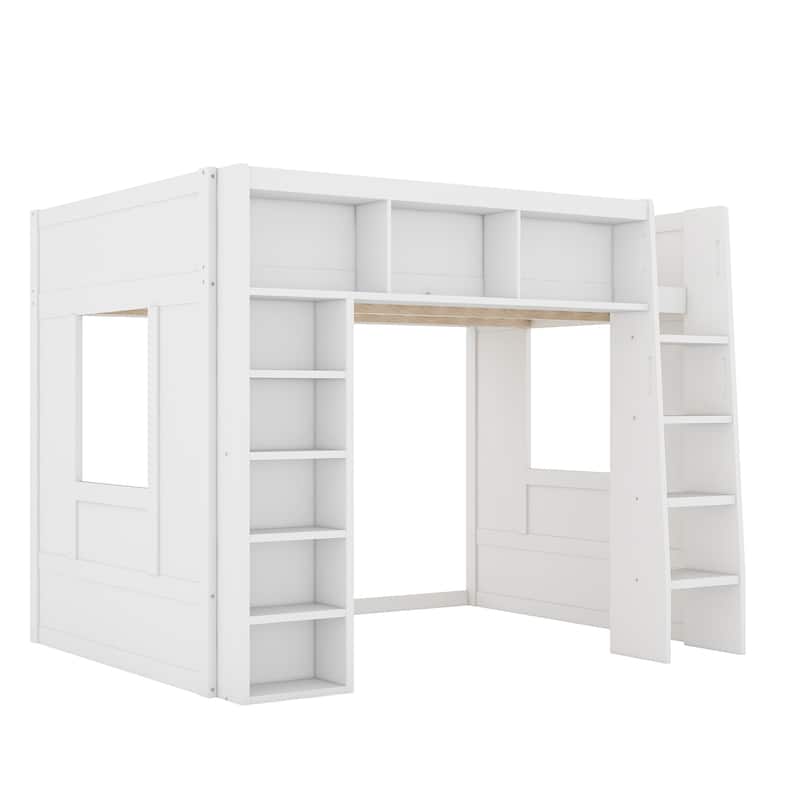 Queen Size Wooden Loft Bed with Storage Cabinets and Shelves, Multifunctional Country Style Design