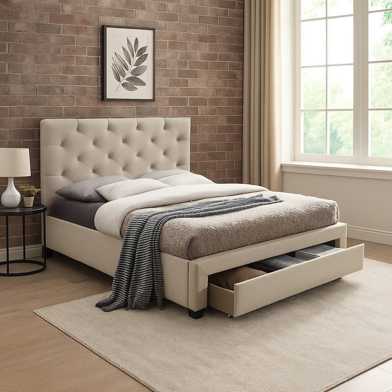 Sya Full Size Bed w Button Tufted Upholstery, Underbed Storage, Beige