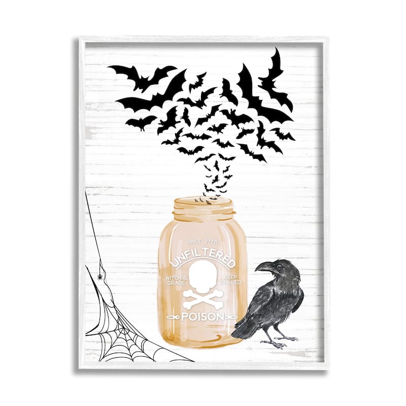 Stupell Spooky Bats Flying Black Raven Spider Web Framed Wall Art - 16 x 20 - White