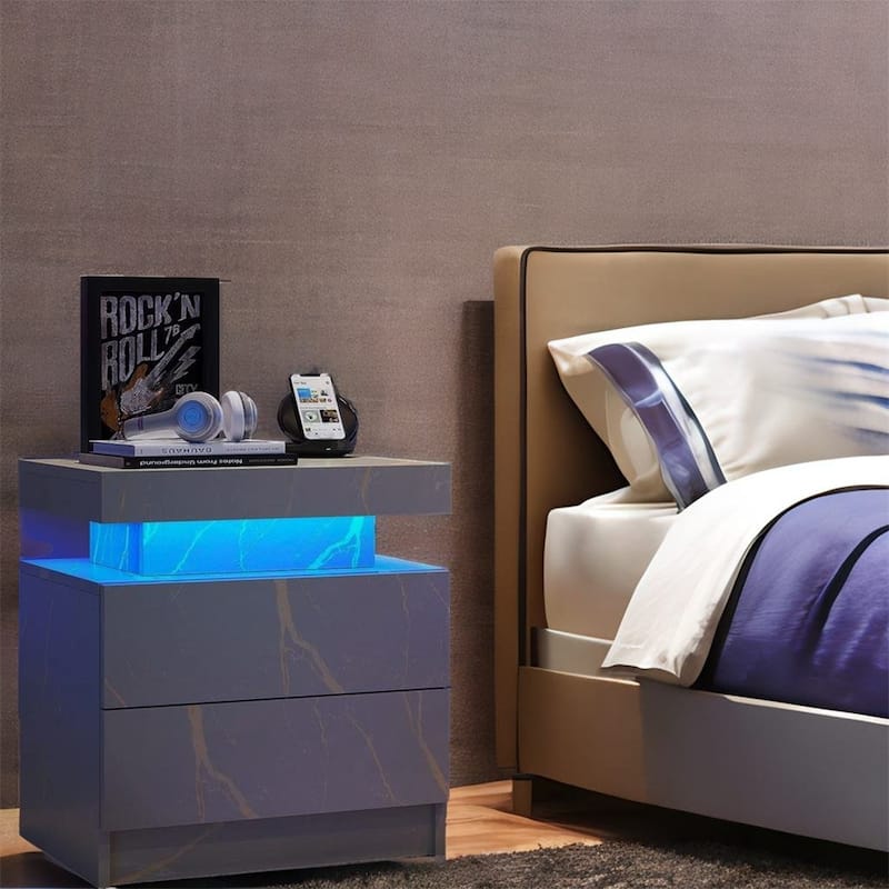 Modern Wood LED Nightstand with 2 Drawers