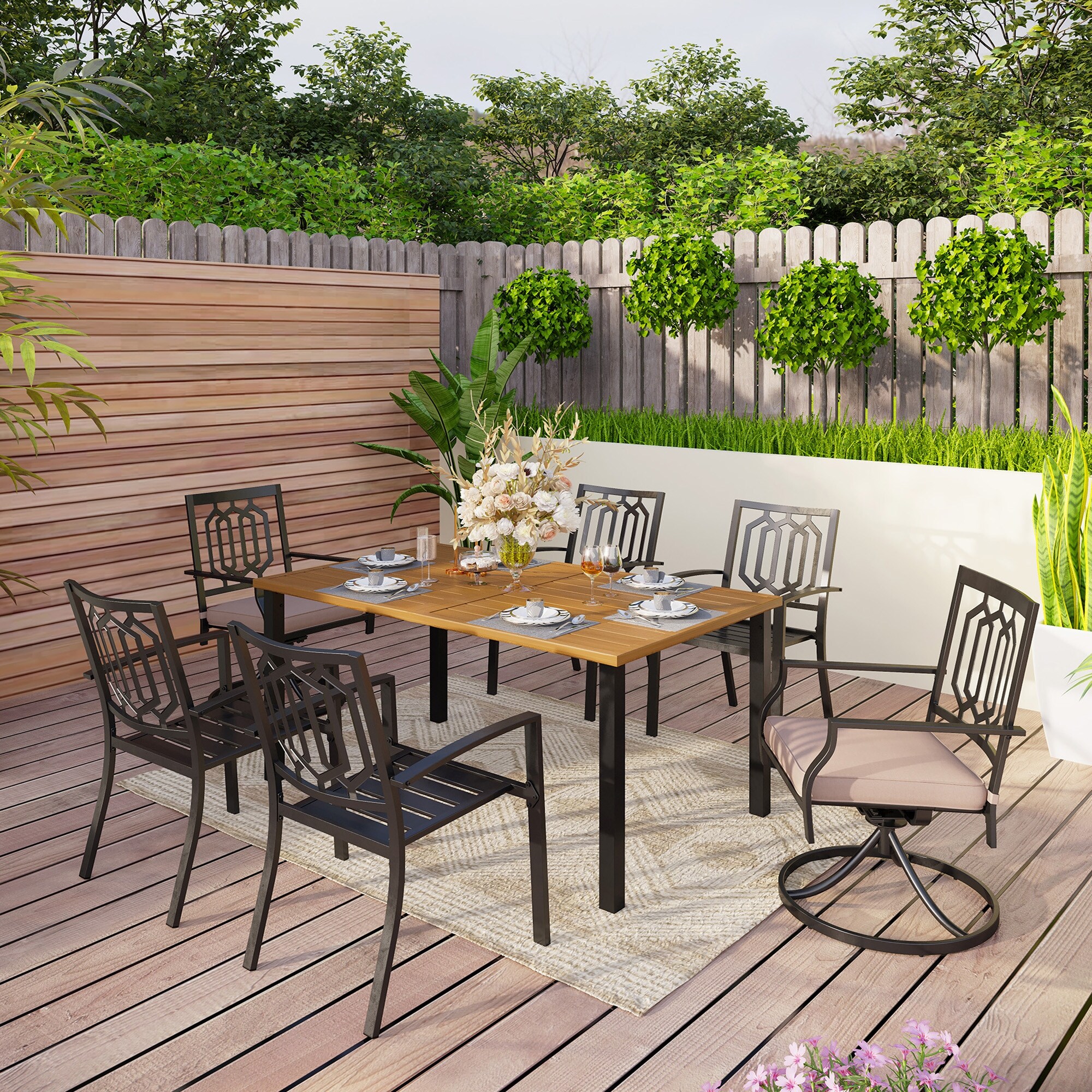 7 Piece Patio Dining Set with Metal Rectangular Brown Dining Table