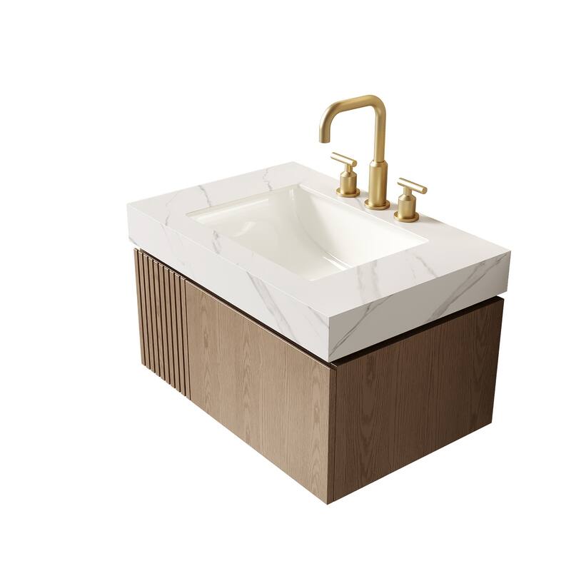Floating Bathroom Vanity with Sintered Stone Top & Undermount Ceramic Basin with Three Pre-drilled Faucet Holes