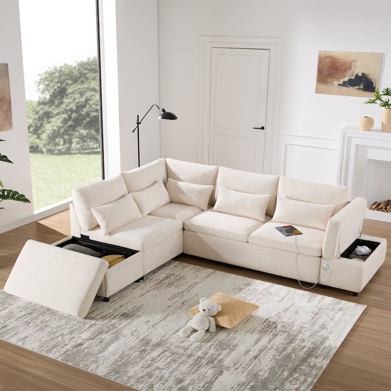 Premium Modular Sectional Pull-Out Sofa Bed with Adjustable Armrests, Movable Storage Ottoman, USB & Type-C Ports