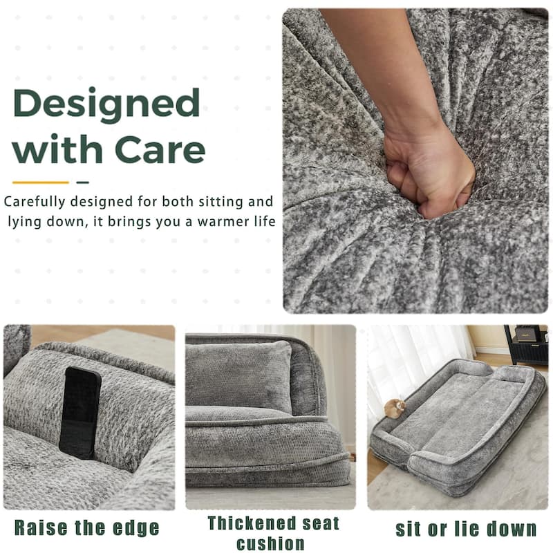 Pet Friendly Lazy Loveseat Sofa 2-in-1 Chenille Floor Couch Double Human Sleeper Bed with 5 Adjustable Position, Plump Pillows