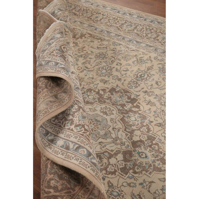 Hand Knotted Oriental 100% Wool Carpet Traditional Floral Beige & Ivories Mashad Area Rug - 11' 1'' X 8' 1''