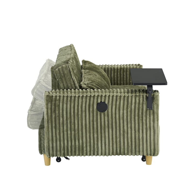 Anmytek Green Corduroy Multi-Functional Sliding Sofa with Mobile Tabletop USB Ports for Living Room Bedroom