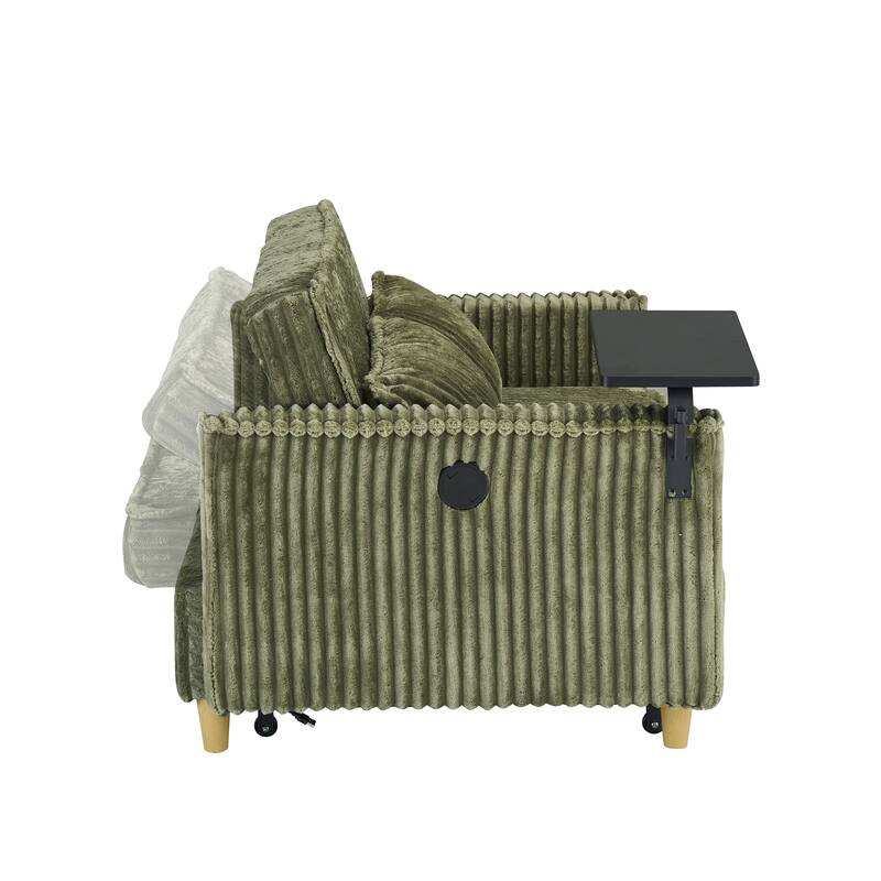 The pull-out and push-in green corduroy sofa with dual functions, equipped with a movable tabletop and USB ports