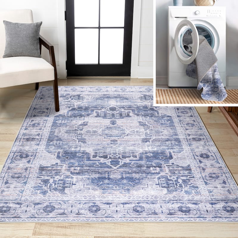 JONATHAN Y Dalyan Ornate Medallion Machine Washable Area Rug - 4 X 6 - Navy/Cream