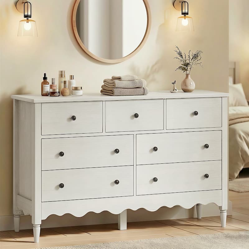 Narill Wave-Inspired 7-Drawer Dresser, 47-In Bedroom Chest of Drawers - White