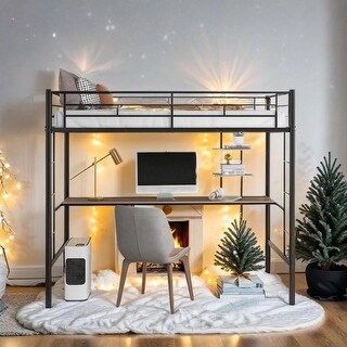 Artsy Twin Loft Bed with Desk and Shelf, Space Saving Design, Black