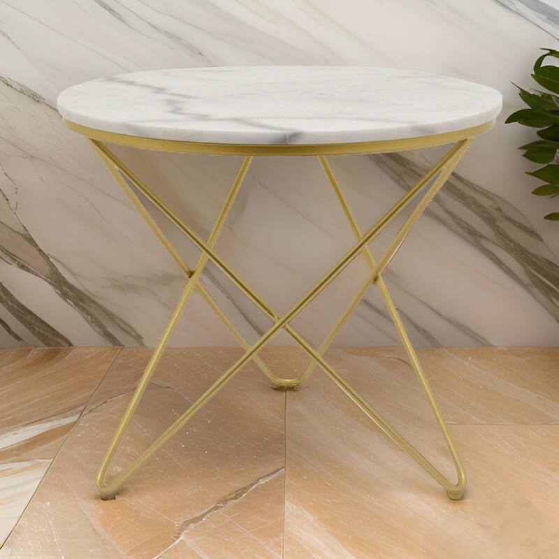 24 Inch Modern Plant Stand Side Table, Round Marble Display, Gold Metal