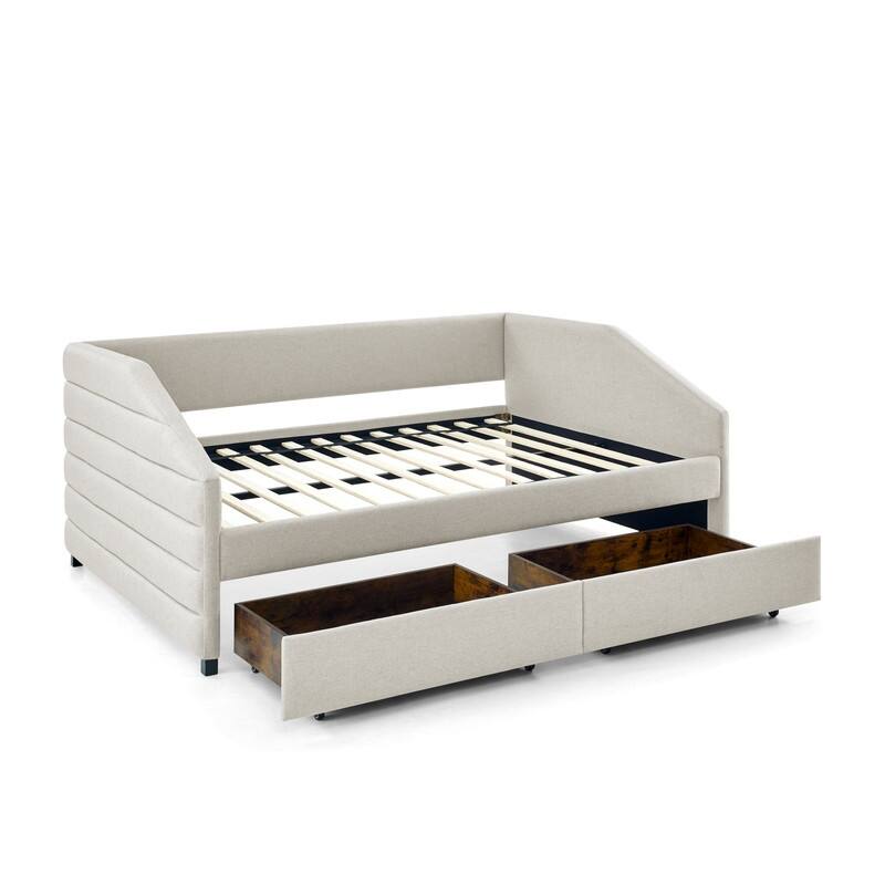 Trundle Upholstered Tufted Daybed Sofa Bed with Two Drawers Linen Fabric