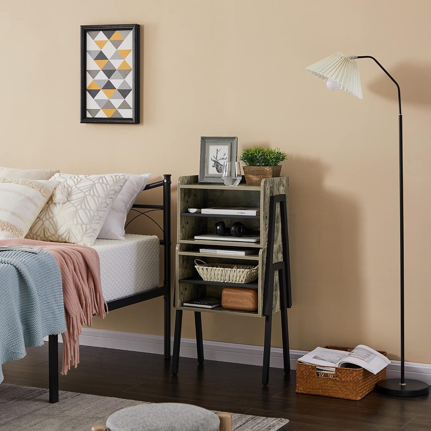 Industrial Nightstand with 2-Tier Open Storage, Stackable, Grey, 2 Pack