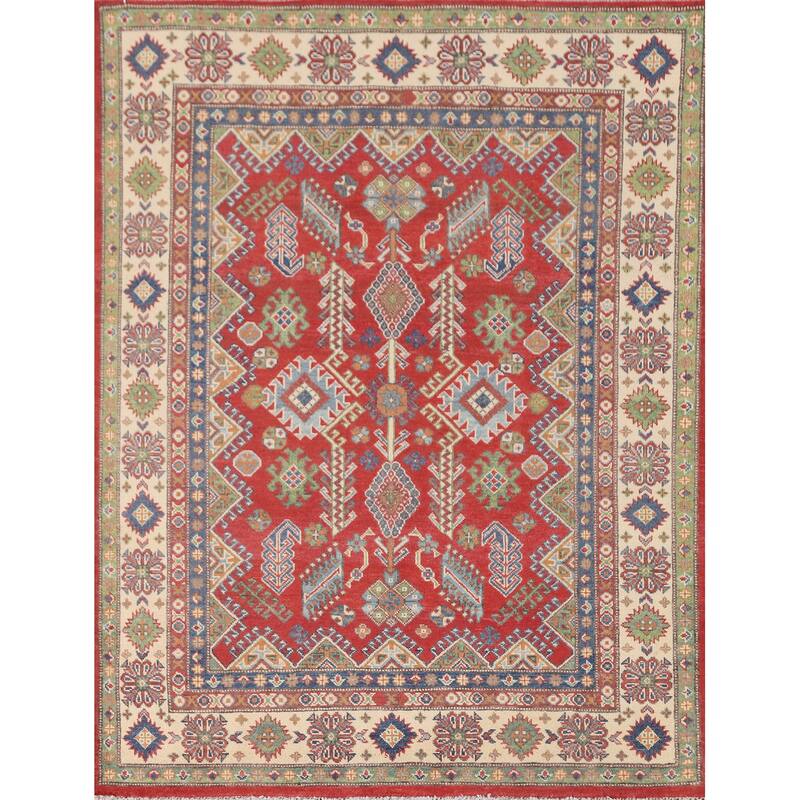 Geometric Kazak Area Rug Hand-Knotted Oriental Wool Carpet - 4'11" x 6'3"