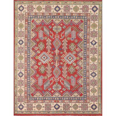 Geometric Kazak Area Rug Hand-Knotted Oriental Wool Carpet - 4'11" x 6'3"