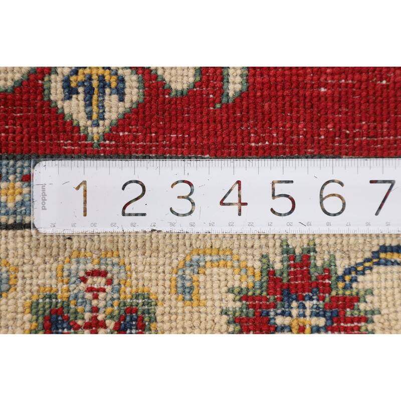 Red Geometric Kazak Foyer Rug Hand-Knotted Wool Carpet - 2'10" x 4'2"