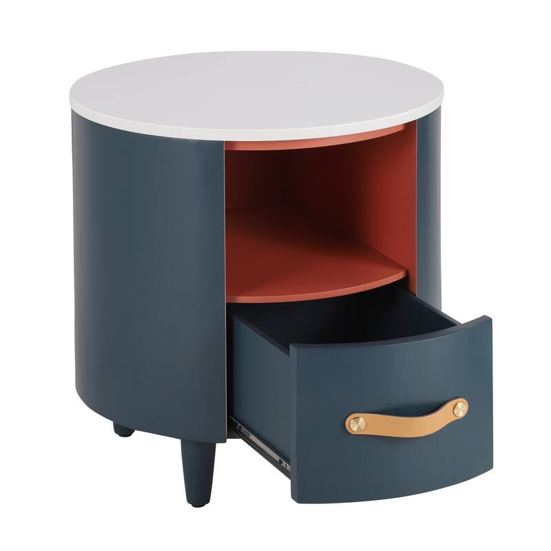 Round Nightstand with Storage Drawer, Sofa End Table Bedroom Bedside Table