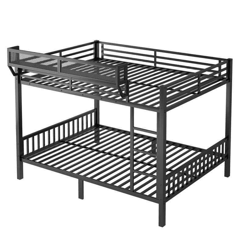 Queen Over Queen Metal Bunk Bed with Ladder and Storage Shelf for Adults and Teens, Black