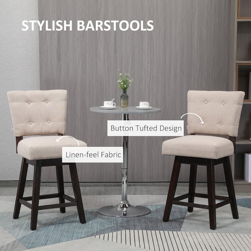 HOMCOM Swivel Bar Stools Set of 2, Fabric Tufted Counter Height Bar Stools with Rubber Wood Legs and Footrest for Dining Room