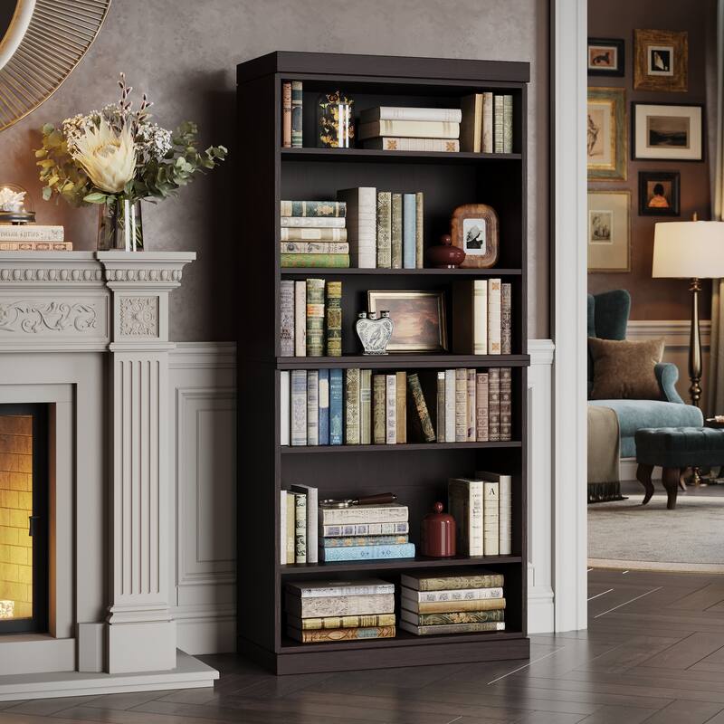 Palace Imports Premium 100% Solid European Oak Hardwood 6-Shelf Modular Bookcase - 32" Wide, 71.5" Tall - Espresso-Oak