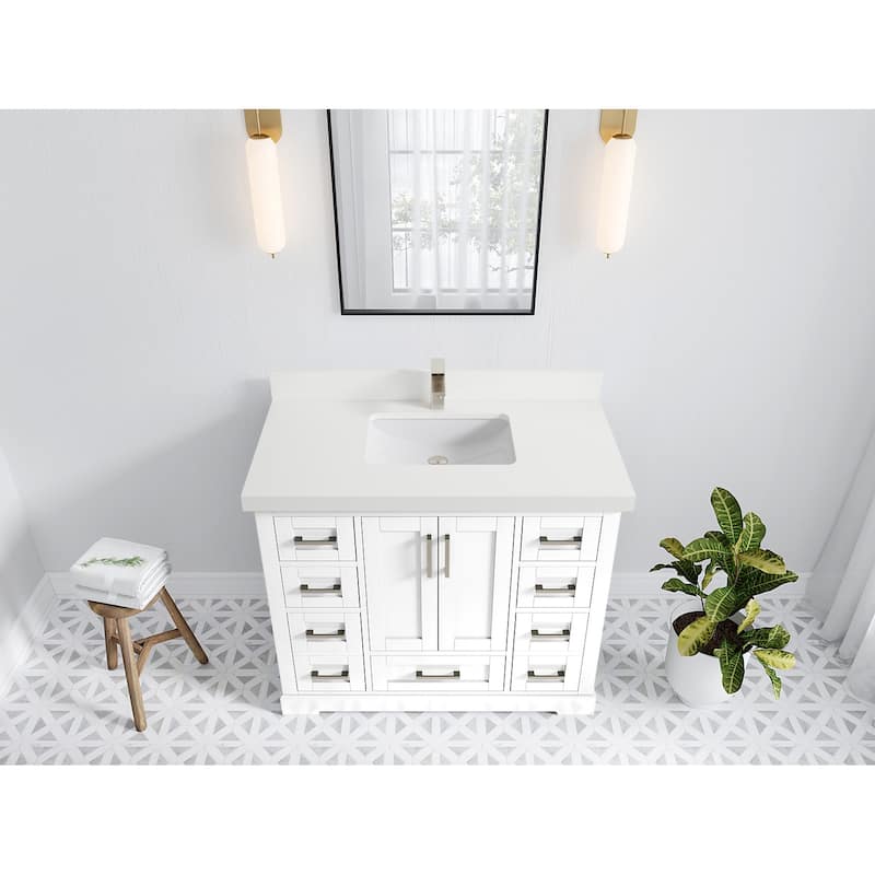 Willow Collection 42 in W x 22 in D x 36 in H Boston Single Bowl Sink Bathroom Vanity with Countertop - 2"White Quartz - White