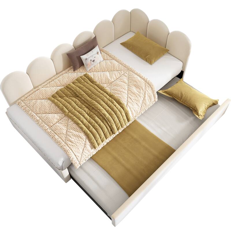 Twin Size Velvet Upholstered Daybed with Pull-Out Trundle, Metal Frame, Beige