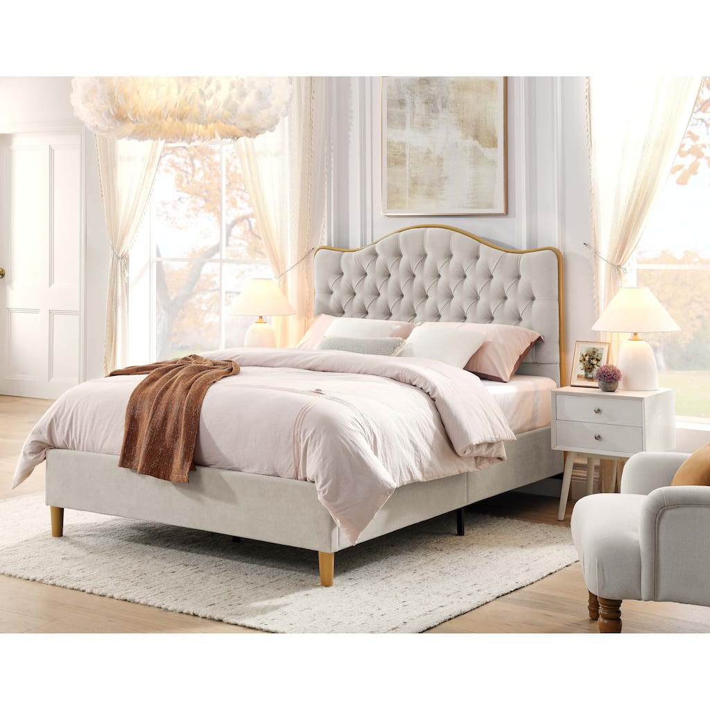 Tufted Upholstered Queen Bed Frame with Curved Headboard