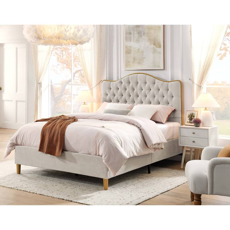Upholstered Queen Bed Frame with Tufted Headboard and Wooden Legs - khaki