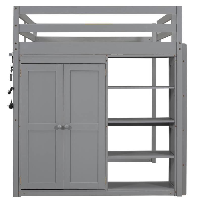 Merax Full Size Loft Bed with Built-in Wardrobe, Storage Shelves and LED light