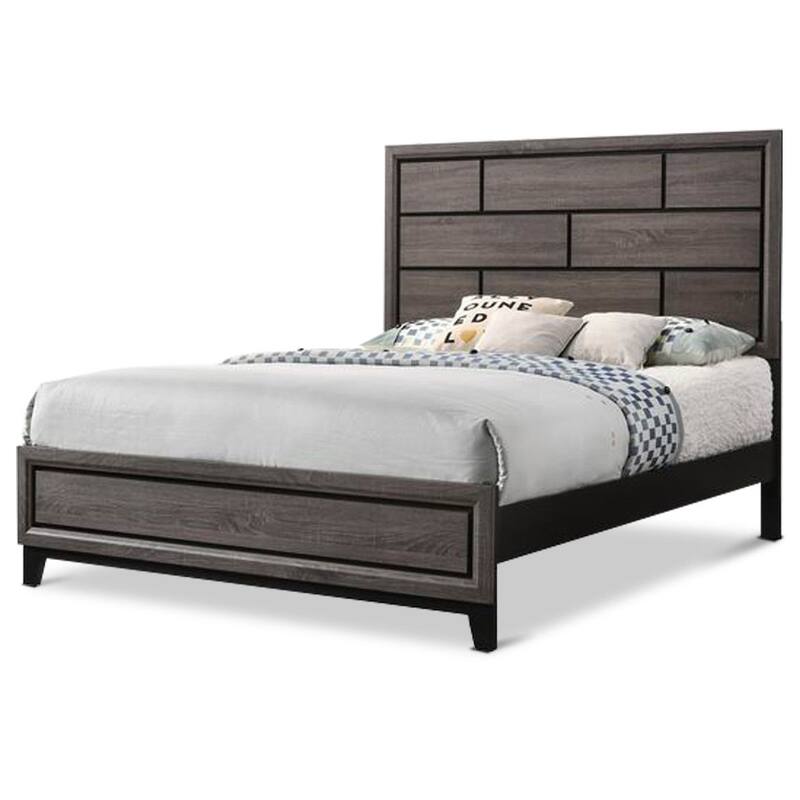 Contemporary Queen Panel Bed with Box Design Headboard, Rubberwood Frame, and Modern Transitional Style