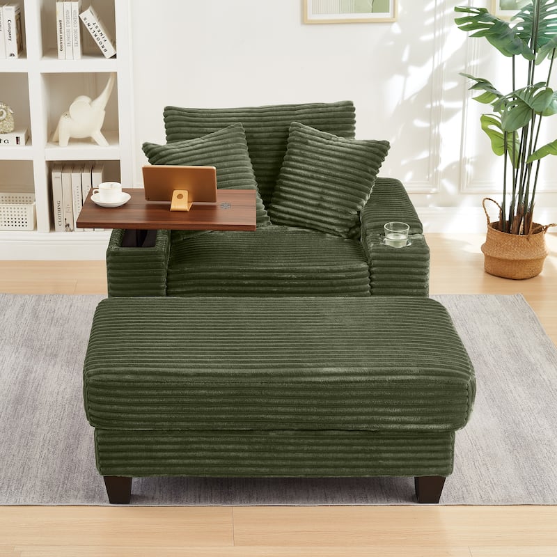 Versatile Chaise Lounge Single Sofa Chair with Ottoman, Swivel Table, Storage Armrest, Cup Holder, Bluetooth Speaker and USB