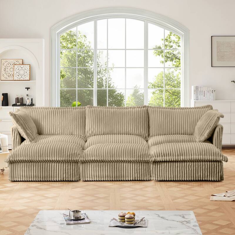 Modern 3-seater upholstered sofa with 3 ottomans and 2 pillows