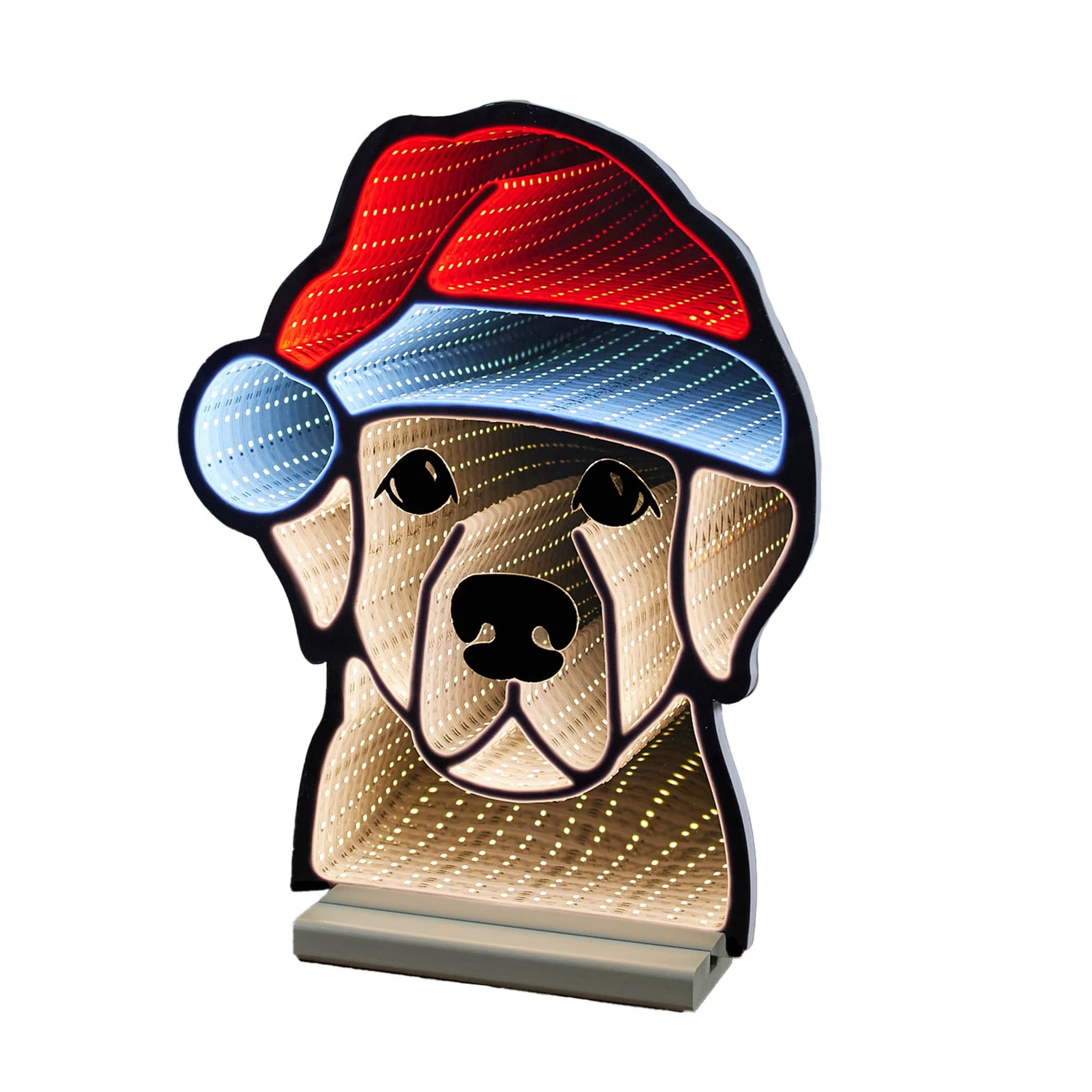 Acrylic Holiday Dog with Santa Hat Infinity Lights, 12.5 inches Festive Decor - 12.5” x 2.75” x 16.5” (L x W x H)