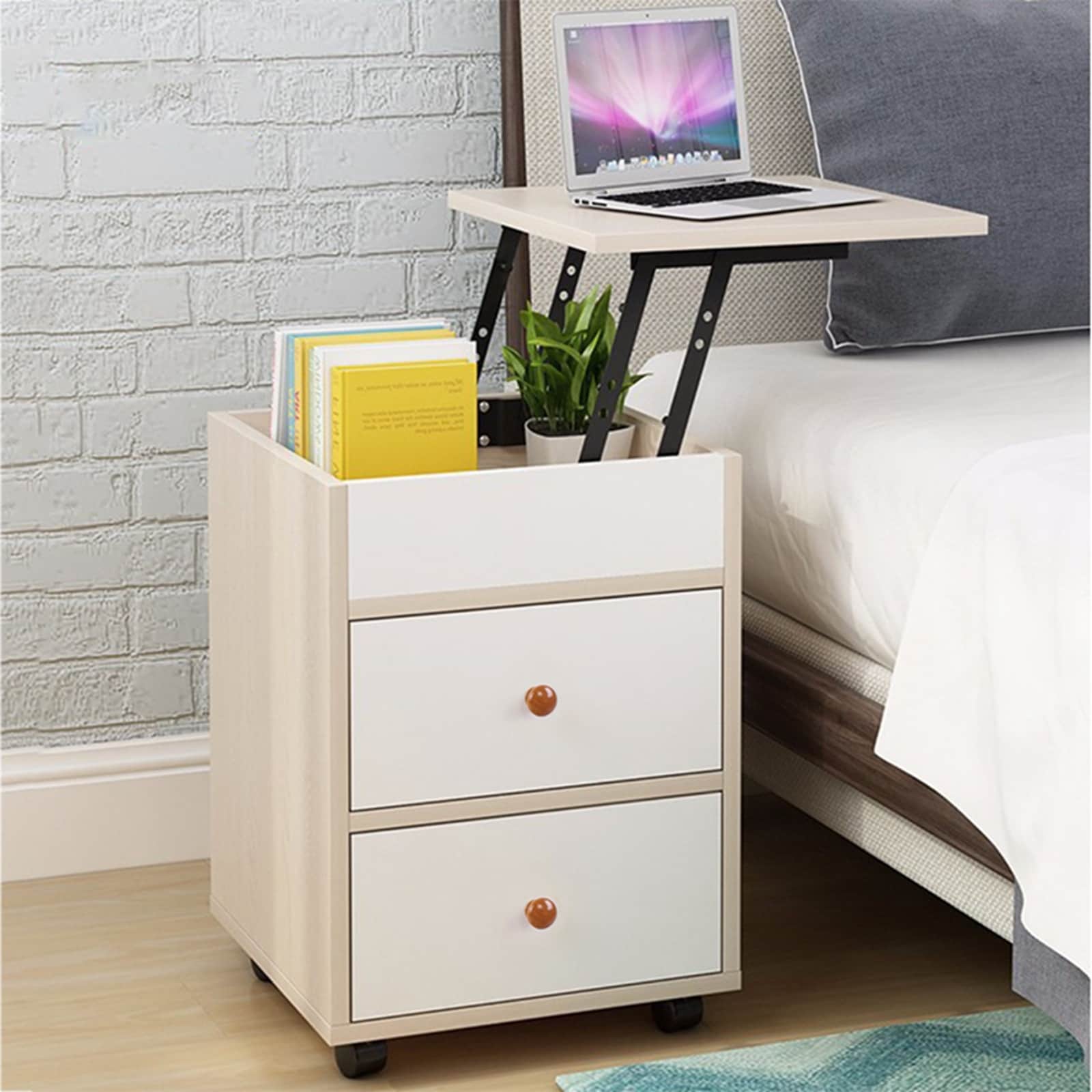 Height Adjustable Bedside Table End Table Laptop Desk with 2 Drawer and Hidden Storage Compartment 2 in 1 Upgrade Nightstand with Lift Top and Computer Table White