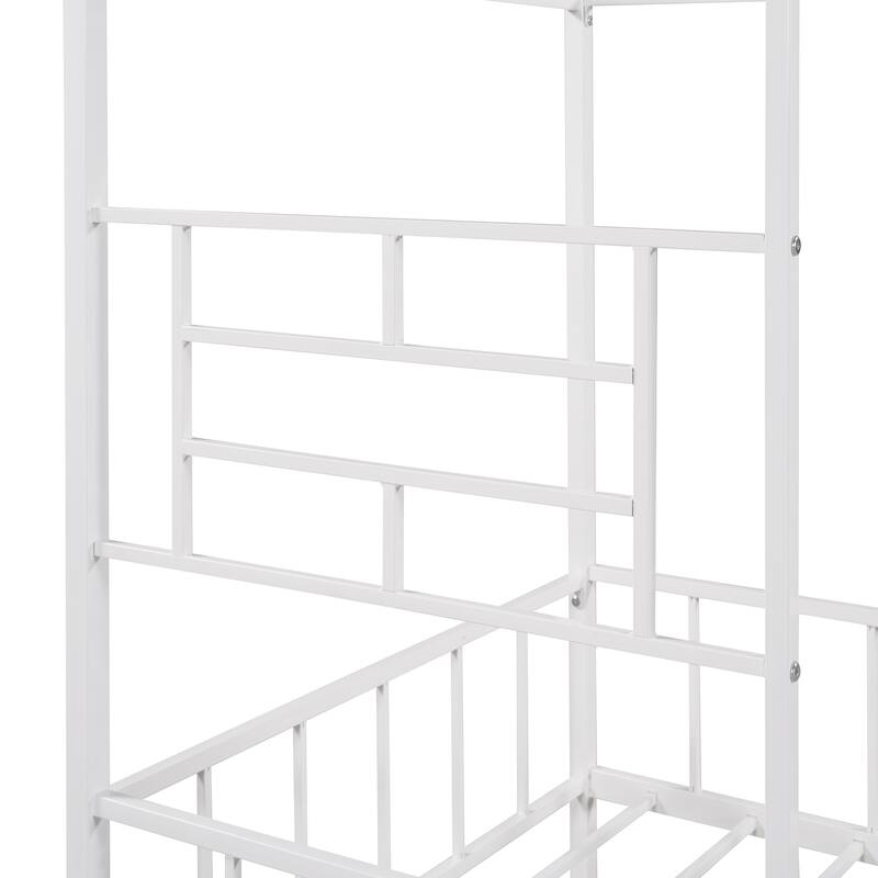 Kids Twin Size Platform Bed Metal Low Loft Bed Semi-Enclosed House Bed with Roof, Windows and Ladder, Playhouse Style