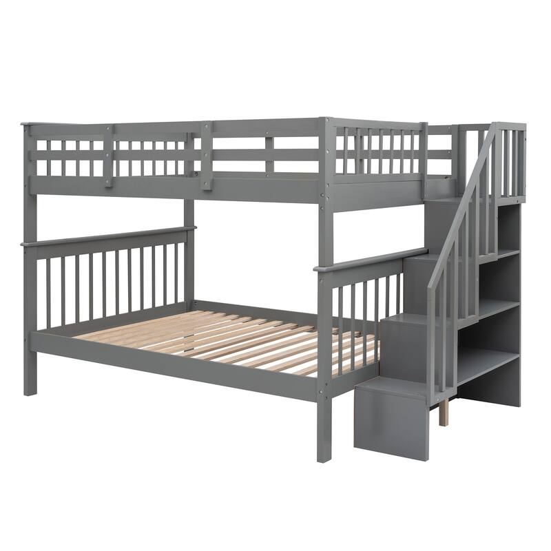 Full-Over-Full Bunk Bed with Storage Stairs and Guard Rail, Gray