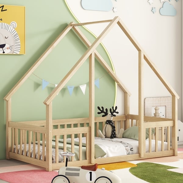 slide 2 of 12, Natural Twin Size Pine Wood House-Shaped Floor Bed with Fence, Guardrails and Roof for Bedroom Twin - Natural