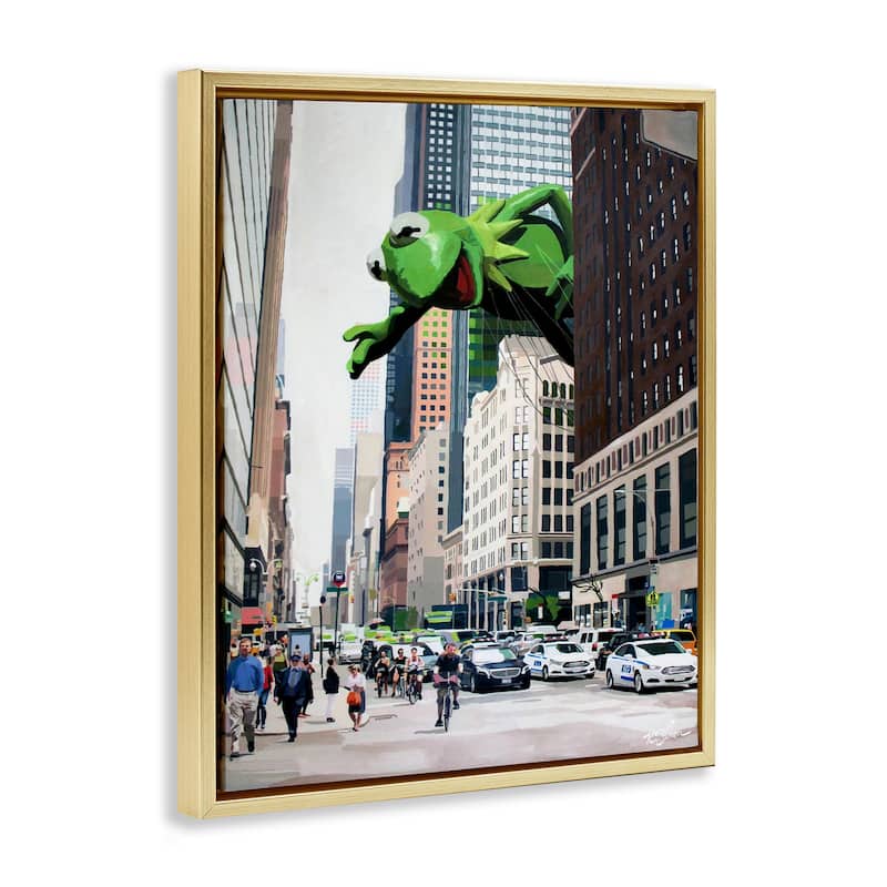 Stupell Frog Character over City Framed Floater Canvas Wall Art Design By Keith Thomson