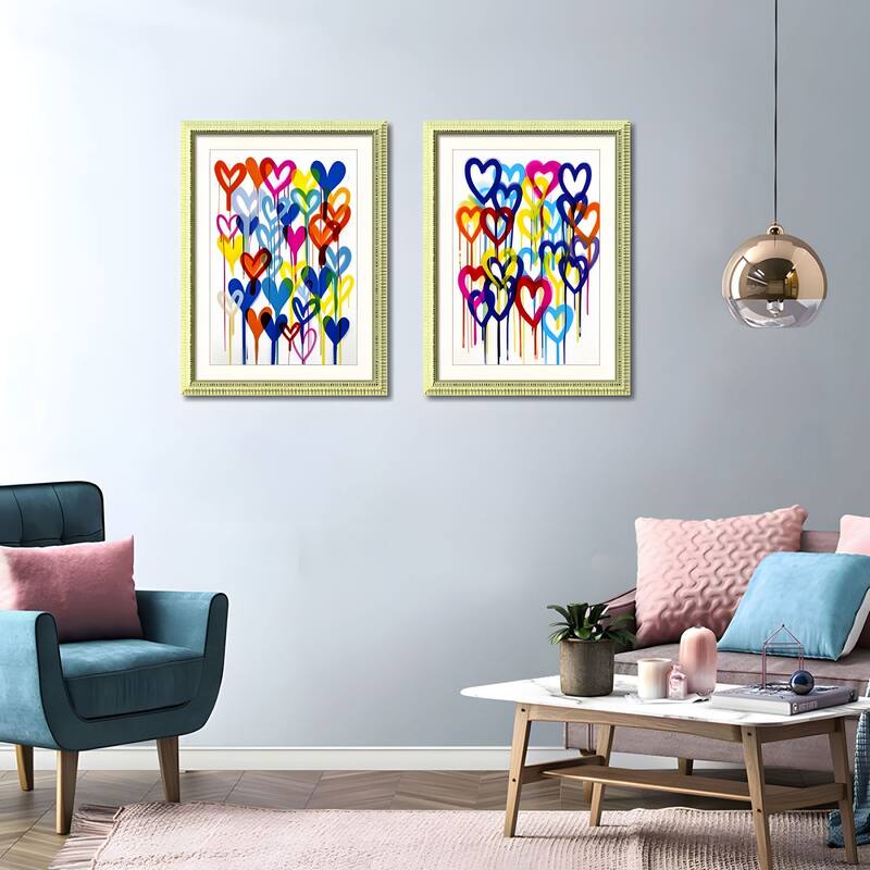 Set of 2 Colorful Heart Graffiti Framed Wall Art - Replaceable Canvas Prints with Solid Wood Picture Frames - Blue+Red