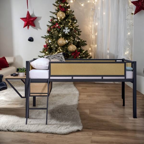 slide 2 of 15, Twin Size Metal Loft Bed with Rectangular Desk,LED Lights,Storage Shelves Black+Natural