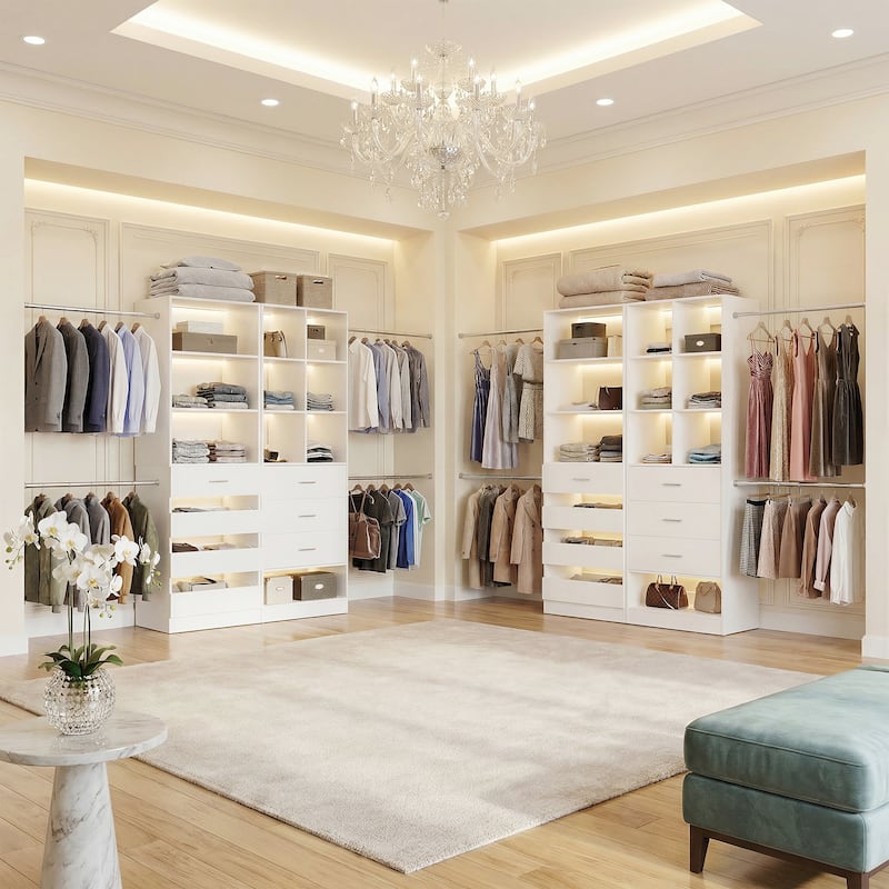 Set of 2 Closet System with 7 Wooden Drawers ＆ 4 Hanging Rods, Heavy Duty Walk-in Closet Organizer System with Shelves