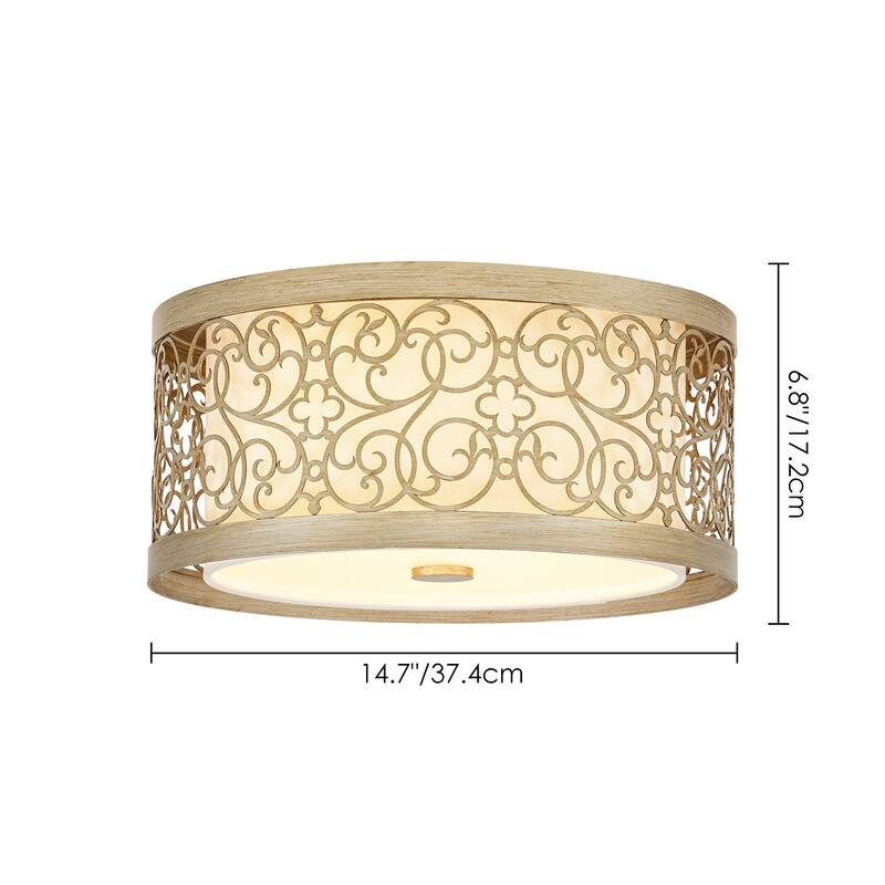 2-Light Mid-Century Modern Unqiue Handcrafted Sunset Gold Flush Mount Light with White Fabric Shade for Living Room & Bedroom