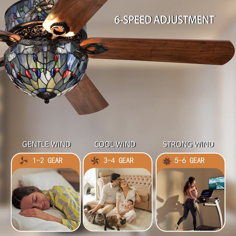 Barkol 5-Blade Lighted Ceiling Fan 2-Tier Tiffany Style Glass