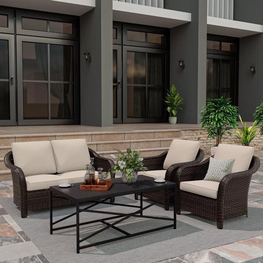COZYWOR Outdoor Patio Set: Loveseat Sofa, 2 Single Chairs & Table for All-Weather Comfort