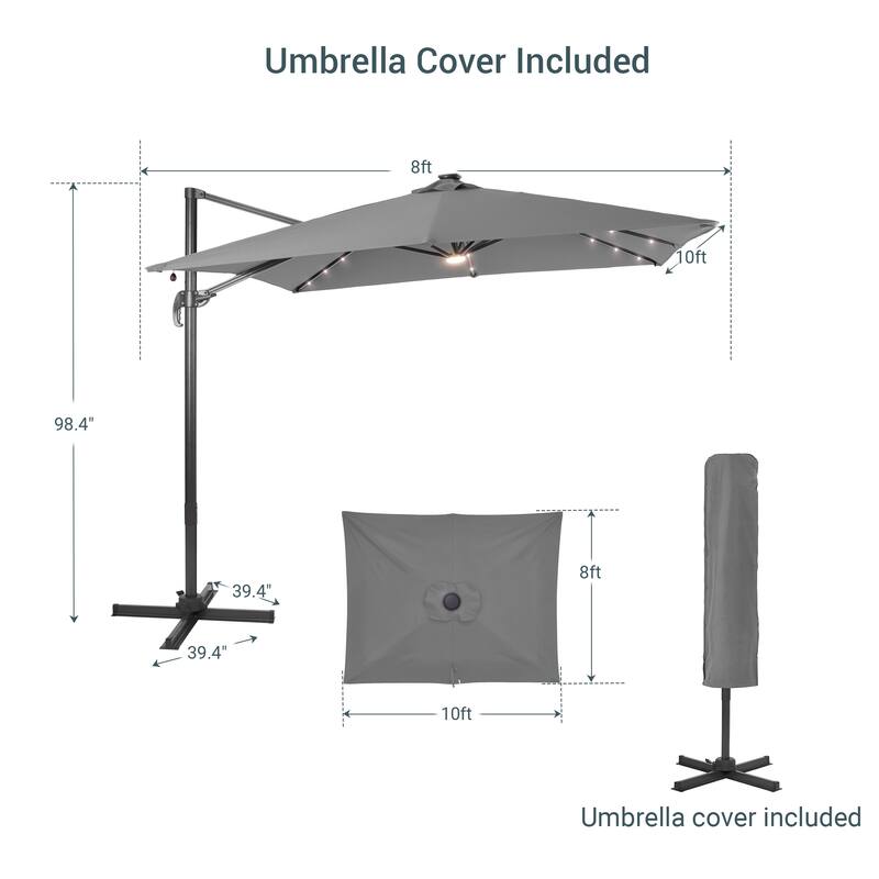 LIVOOSUN Aluminum 10x8FT LED Rectangular Cantilever Patio Umbrella
