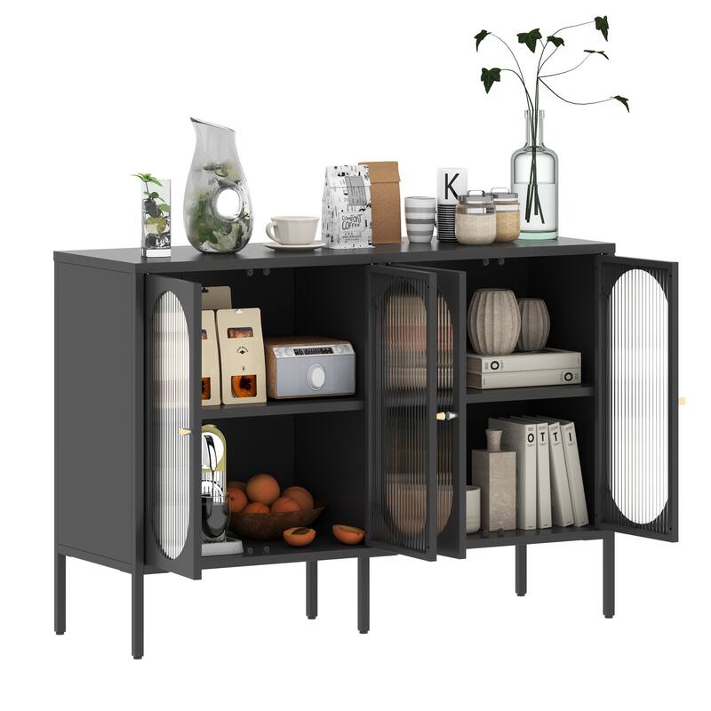 Metal Sideboard Cabinet with 4 Glass Door, Steel Locker Sideboard Buffet Cabinet, with 4 Doors, Kitchen Storage Cabinet